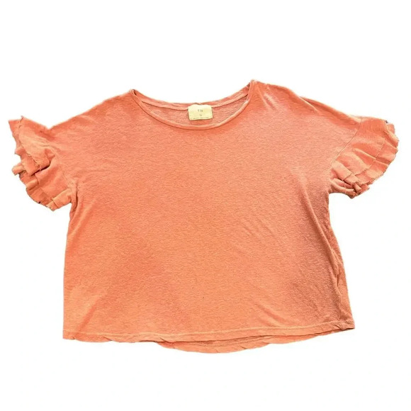 Anthropologie t.la Pink Women's XXS Cropped Ruffle Flutter Sleeve Hemp Tee - Picture 2 of 4